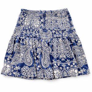 H&M Blue Paisley Mini Skirt – Size Small – Smocked Waist Boho Festival Style